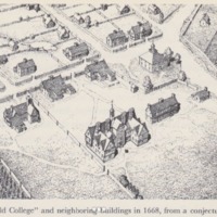 Harvard Yard in 1668, looking south. First Harvard Hall is in center foreground. Shows Harvard and Cambridge buildings in 17th century, with some detail of supposedly tiled roofs.