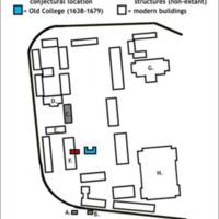 This map shows the relative location of the Old and Indian College in the 17th century.