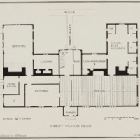 Morison’s drawing of the first floor of the Old College. Possible chimney flues are outlined, and the cellar would have been located under the west bay of the building.