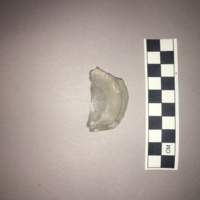 This flint glass fragment is clear, but has a grey tint. The body of the glass is smooth to the touch and has a rounded edge that is often found in tavern glasses, or "thumpers".