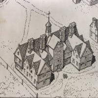 Artist's rendition of what the Old College possibly looked like. Cambridge mudstone would be found inside the building, lining walls, floors, and cellars.