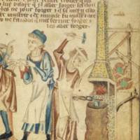 Pictured here is a woman forging at an anvil. This print, from the English Holkham Bible, dates to the early 14th century, and shows the little-known persistence of women in the forge, a societal position usually associated with towering, muscular men.