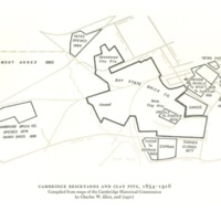 Map of Cambridge brickyards active in the 19th-century, demonstrating how large an industry brickmaking grew to become in Cambridge 200 years after the first bricks were made on Colonial soil.