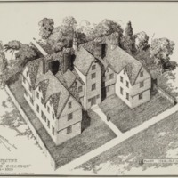 This 1933 conjectural drawing by Samuel Morison of the exterior of the Old College shows the building sided with wood and hypothesizes locations for several possible brick chimneys.