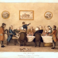 This painting depicts New Englanders of the colonial era sitting down to dine. One can observe from the photo that the plates being used have a colored rim with a white center; this is typical of shell-edged pearlware. One can gather that they were of a higher socioeconomic class, given that they have servants waiting on them in this scene.