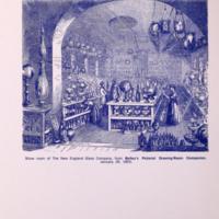 The New England Glass Company's Showroom. Here, one can see the extent of the Glass Company's decorative offerings. They also made items for commercial and domestic use.<br />
<br />
Citation:<br />
Toledo Museum of Art<br />
1963 The New England Glass Company, 1818-1888. Toledo Museum of Art, Toledo, Ohio. Accessed April 4, 2017. P. 6. https://archive.org/details/newenglandglassc00tole
