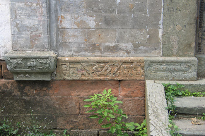 stonework at the base of main entrance