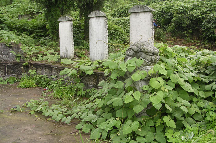 Steles and lion on right side of tomb