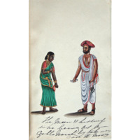 Opaque watercolor painting on European paper of a man, possibly a business agent, and his wife