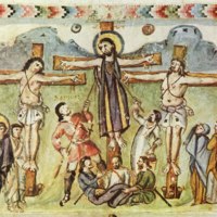 Scene of the Crucifixion from the Rabbula Gospels fol. 13v. Florence, Biblioteca Mediceo Laurenziana, cod. Plut. I, 56