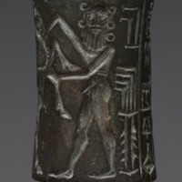 Cylinder seal with combat scenes (Mesopotamian culture, Akkadian period, c. 2334-2193 BCE, Ferruginous limestone, Mesopotamia, Harvard Art Museum 1957.195)