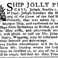 Notice in London's "Public Advertiser," seeking captain or crew of the Jolly Princess. January 28, 1766.