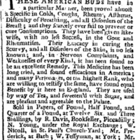 Advertisement in the London Evening  Post for American Pine-Bud Tea. December 6, 1766.