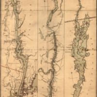 A topographical map of Hudsons River, with the channels depth of water, rocks, shoals &amp;c. and the country adjacent, from Sandy-Hook, New York and bay to Fort Edward, also the communication with Canada by Lake George and Lake Champlain, as high as Fort Chambly on Sorel River. 1776.