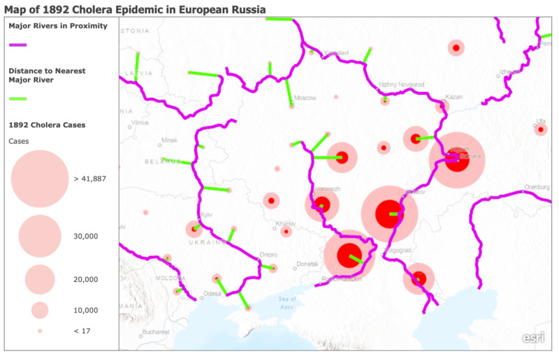 Map of 1892 Cholera Epidemic Distances of Outbreaks to Major Rivers.png