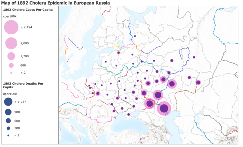 Map of 1892 Cholera Epidemic Per Capita Cases and Deaths.png