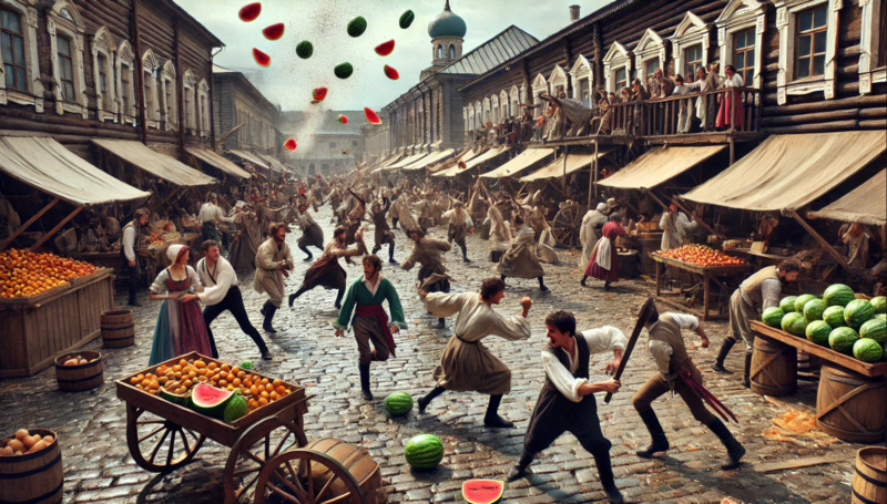 rioters at an outdoor market in Russia in the 18th century throwing watermelons.png