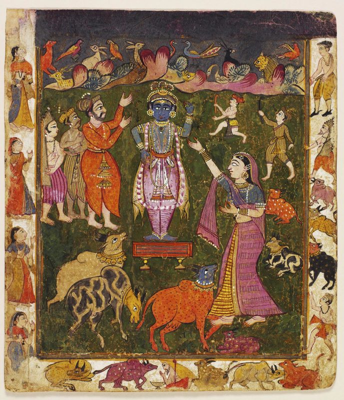 Krishna raises Mount Govardhana.jpg