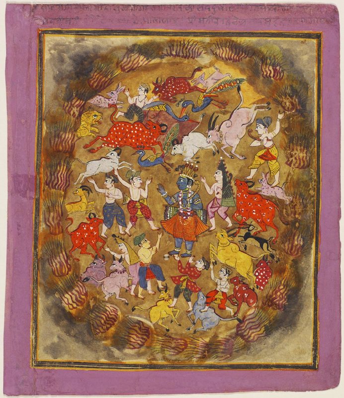 Cowherds beg Krishna to rescue them from a forest fire.jpg