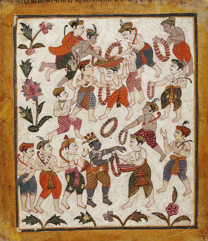 Krishna and the cowherds receiving garlands in Mathura.jpg