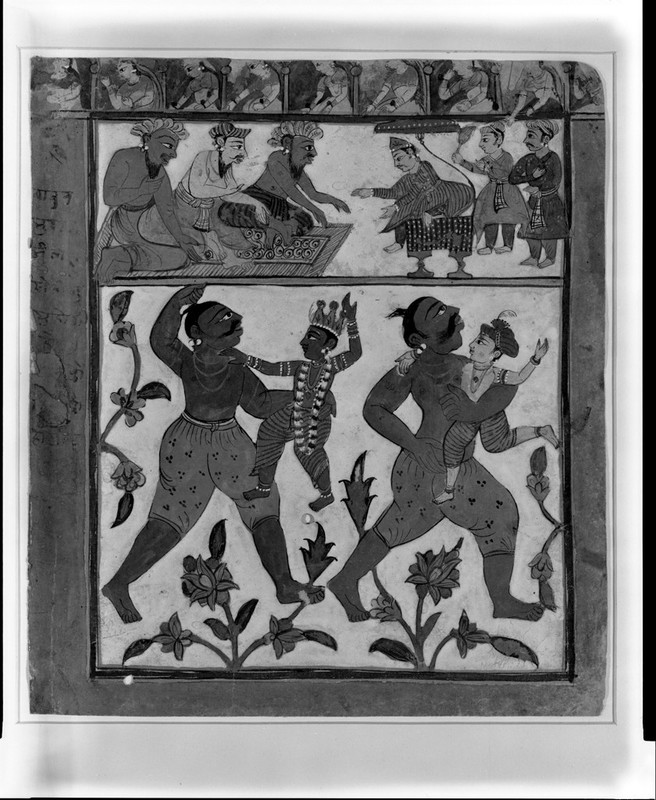 Krishna and Balaraa in the clutches of Kamsa's wrestlers.jpg