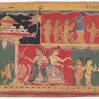 Yashoda taking after the naughty Krishna with a stick; and Krishna Distributes Butter to the Monkeys