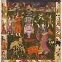 Krishna raises Mount Govardhana.jpg