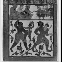 Krishna and Balaraa in the clutches of Kamsa's wrestlers.jpg