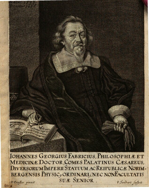 image of Johann Georg Fabricius, in Sebastian Jakob Kraus, Der Sünden Macht, und der Gnaden Krafft: Auß dem V. Cap. der Epistel St. Pauli an die Römer, Vers. 20/21. Bey hochansehentlicher Leich-Begängnus deß Edlen/ Ehrenvest- und hochgelehrten Herrn Johann Georg Fabricii, Philosophiae & Medicinae Doctoris ... (Altdorff, 1668), 10.