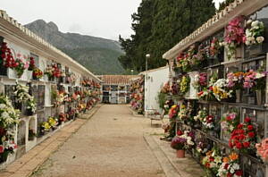 pasillo de cementerio con nichos