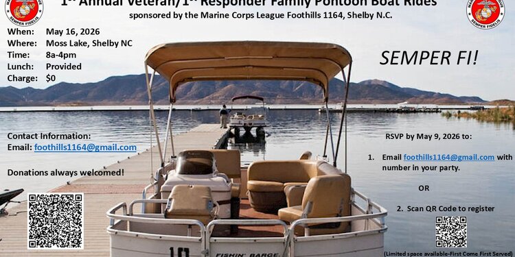 1st Annual Veteran/1st Responder Family Pontoon Boat Rides-Shelby, NC