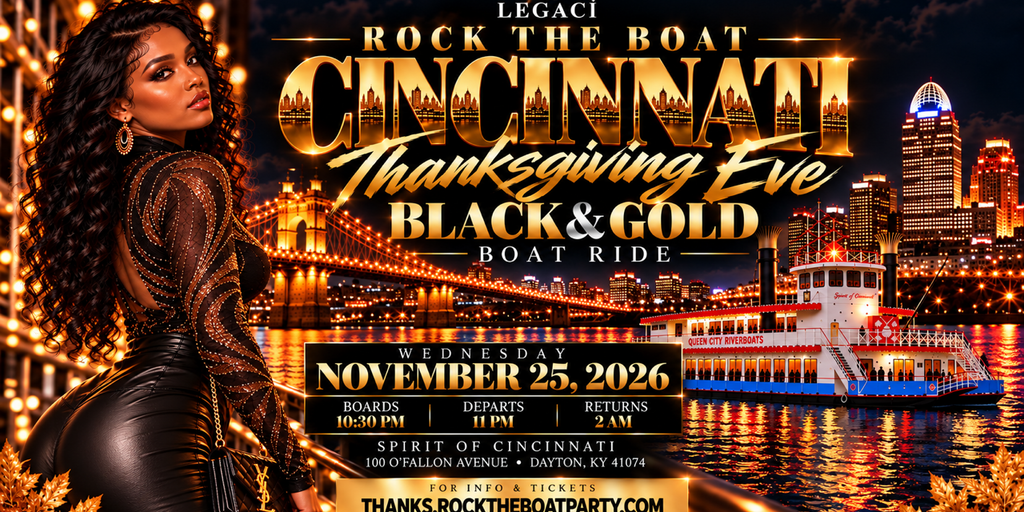Rock The Boat Cincinnati 2026 | Thanksgiving Eve Black & Gold Boat Party Banner