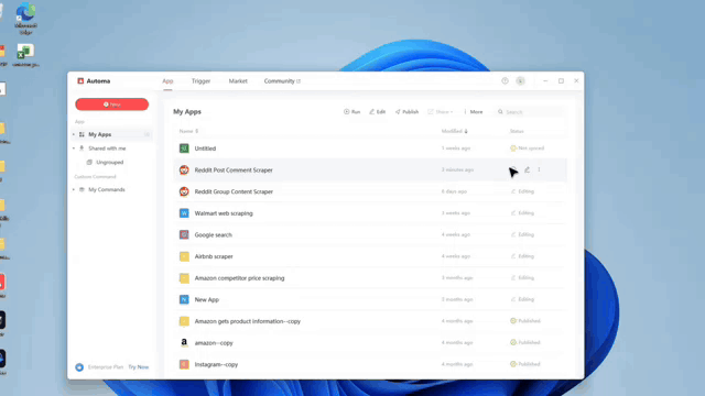 Automa dashboard showing a list of web scraping workflows including a Reddit post and comment scraper.