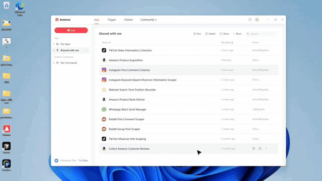 Automa dashboard showing shared workflows for TikTok influencer scraping, Amazon customer reviews, and Instagram data collection.
