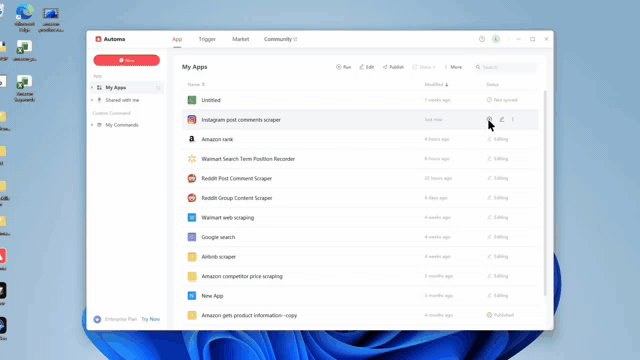 Automa dashboard interface highlighting the run action for an Instagram post comments scraper automation workflow.