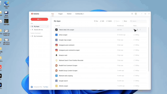 Automa dashboard showing a cursor clicking the run button for a TikTok video information scraper automation.