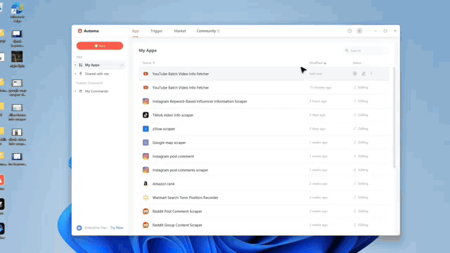 Automa dashboard interface highlighting the YouTube Batch Video Info Fetcher automation script.