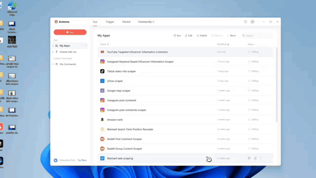 Automa dashboard showing the YouTube Targeted Influencer Information Collection automation workflow.
