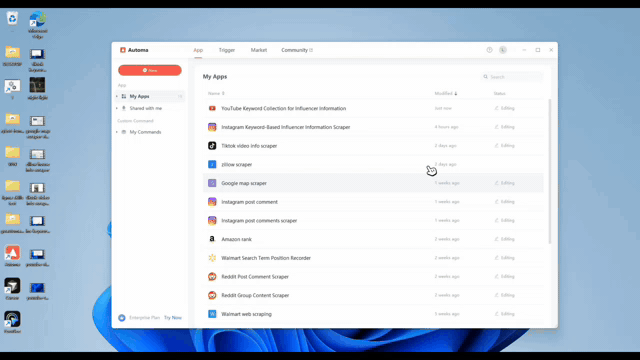 Automa dashboard displaying the YouTube Keyword Collection for Influencer Information automation script.