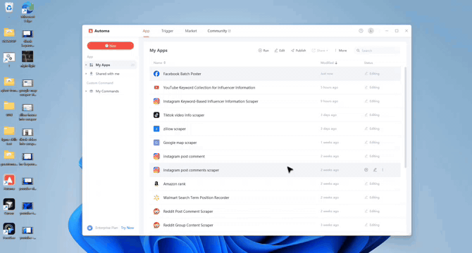 Automa dashboard showing a list of automation tools for Facebook batch posting and social media web scraping.