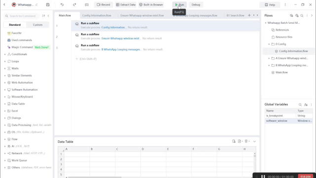 Robotic process automation tool interface showing a configured script to bulk send WhatsApp messages.