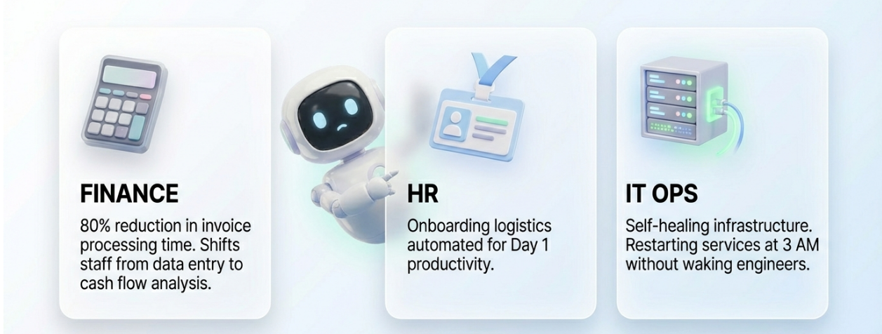 A summary of enterprise software automation use cases in Finance, HR, and IT Operations, highlighting significant time and cost savings