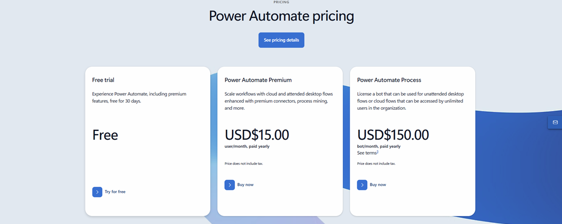 Power Automate pricing details for users seeking a Microsoft-integrated UiPath alternative.
