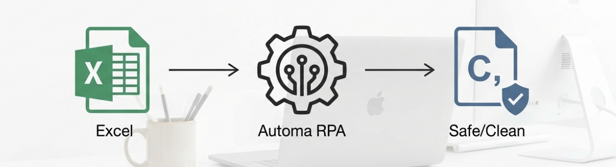 A workflow diagram showing Excel data being processed by Automa RPA to result in safe and clean data, highlighting automation benefits of CSV vs Excel.