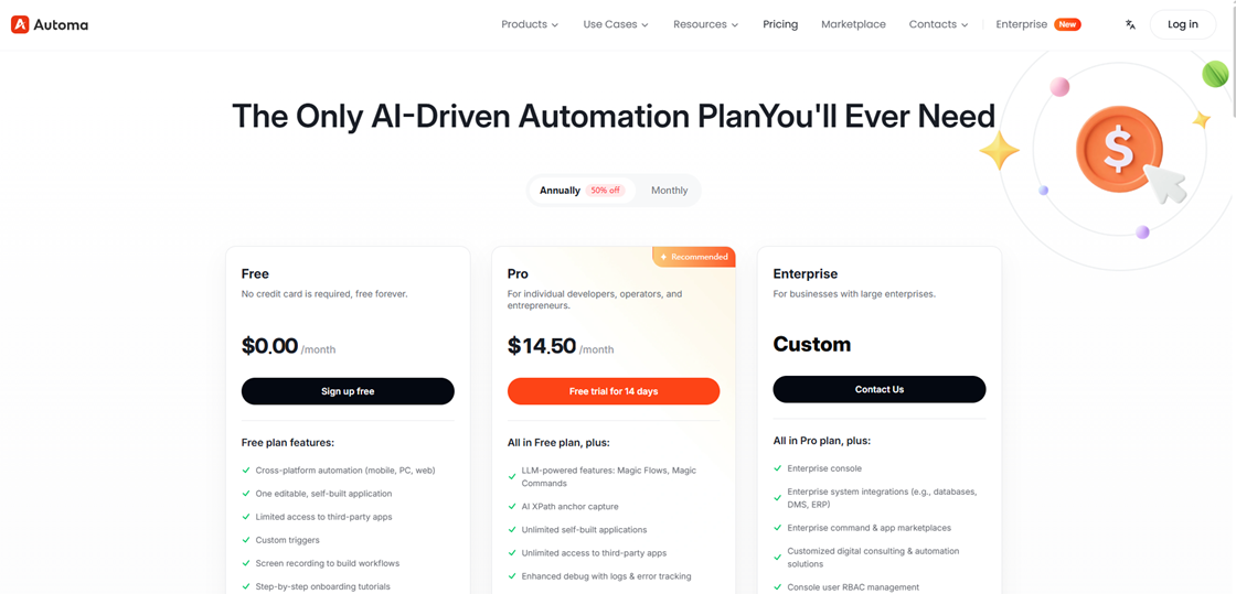 Automa pricing page showing flexible subscription plans for this UiPath alternative.