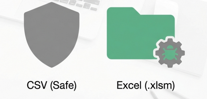 Comparison graphic showing CSV as a safe file format (shield icon) versus Excel (.xlsm) which poses potential security risks from macros (bug icon).