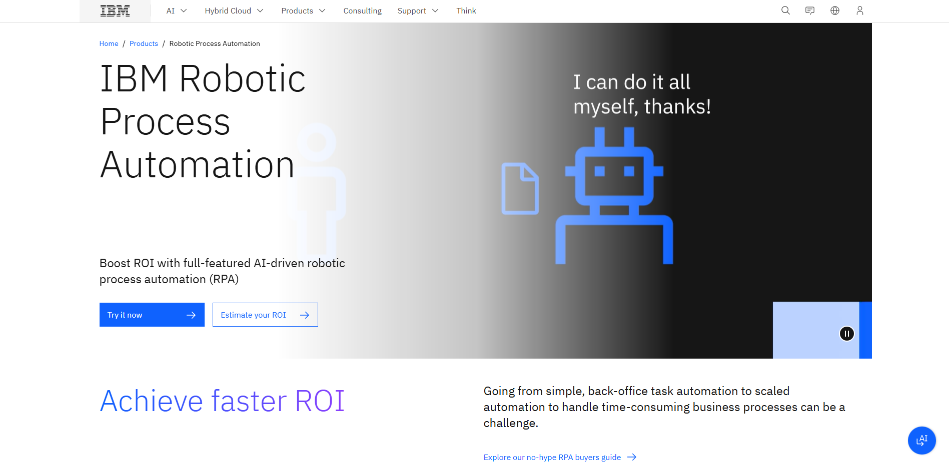 IBM Robotic Process Automation (RPA) product page highlighting AI-driven automation for faster ROI, ranked among top RPA vendors