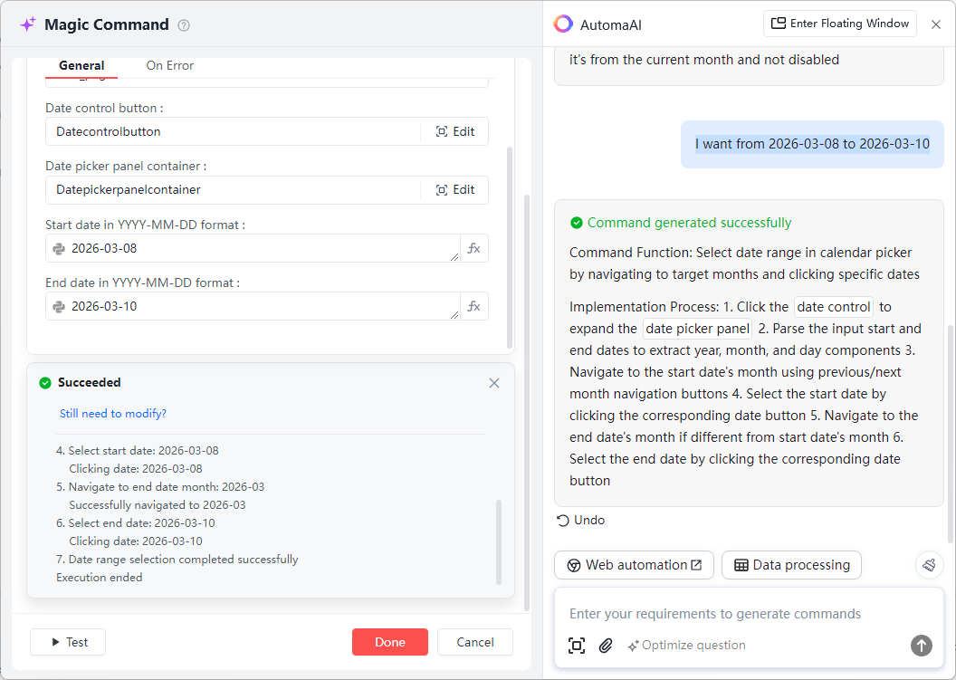 Successful execution of an AI-generated command to select a specific date range (March 8-10, 2026) on Airbnb.