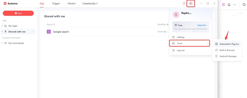 Automa setting dropdown menu highlighting automation plug-ins