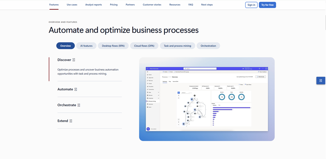 Microsoft Power Automate interface for optimizing business processes with RPA and DPA, a native Windows Zapier alternative.